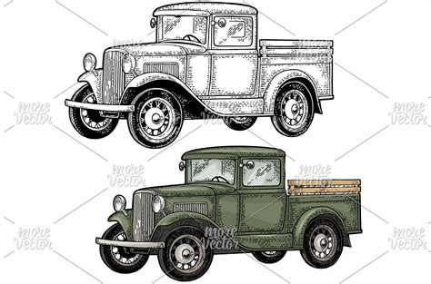 Retro Pickup Truck Engraving Object Illustrations Creative Market