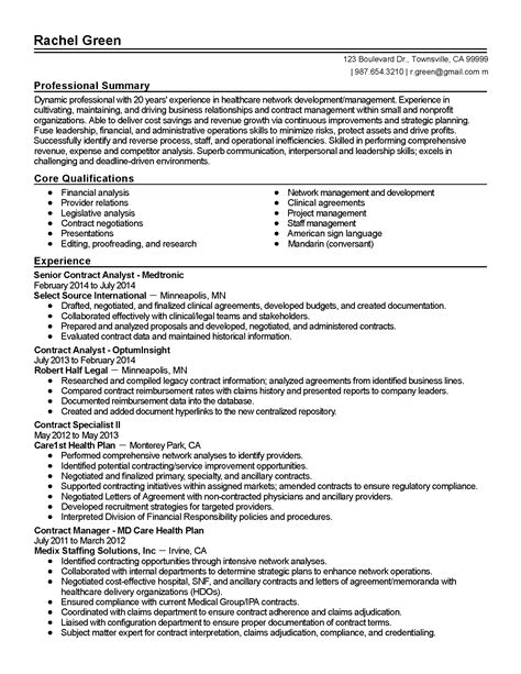 Resume For Contract Specialist