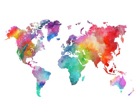Rainbow World Map Printable Colorful Watercolor World Map Wall Etsy