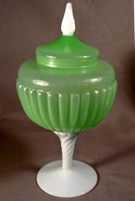 French Green Opaline Glass Covered Compote C1900