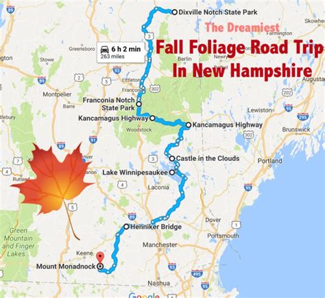 A Map With The Words Fall Foliage Road Trip In New Hampshire And A