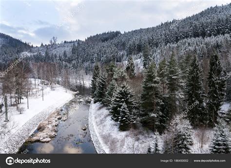 Beautiful Snowy Winter Forest Landscape Tepla River Brezova Dam Karlovy