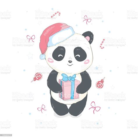 Cute Christmas Cartoon Panda Bear Character In Santas Hat With Pompon