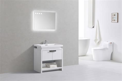 Contemporary lines are enhanced by a ceramic countertop. Levi 32" High Gloss White Modern Bathroom Vanity w/ Cubby Hole