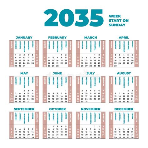 Calendario De 2035 Con Las Semanas A Partir Del Domingo Ilustración Del