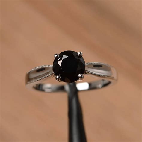 Black Spinel Ring Round Cut Solitaire Engagement Ring For Etsy