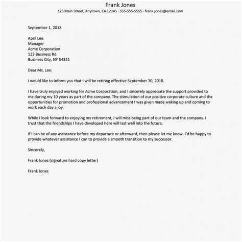 Retirement Resignation Letter Sample Free Letter Templates