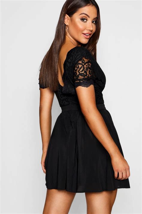 Boohoo Lace Top Skater Dress In Black Lyst