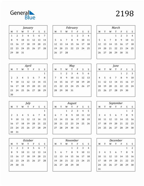 2198 Blank Yearly Calendar Printable