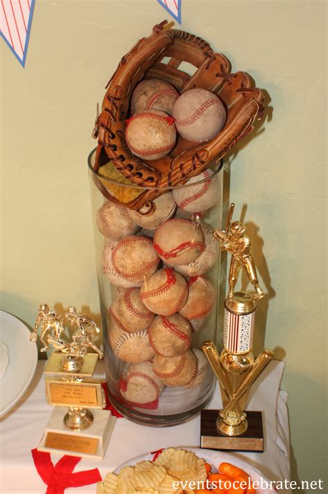 We love this creative baseball party table centerpiece filled with peanuts and popcorn!. Baseball Birthday Party Ideas - events to CELEBRATE!