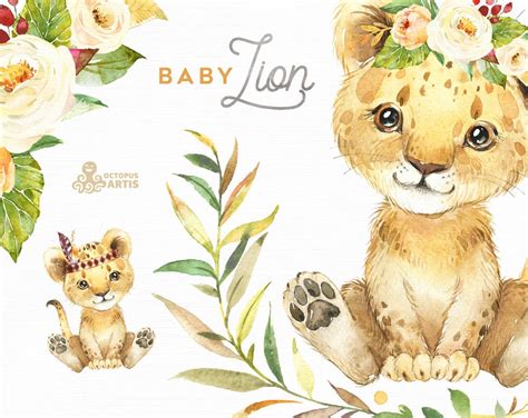 Baby Lion Watercolor Little Animal Clipart Babies Flowers Etsy Uk
