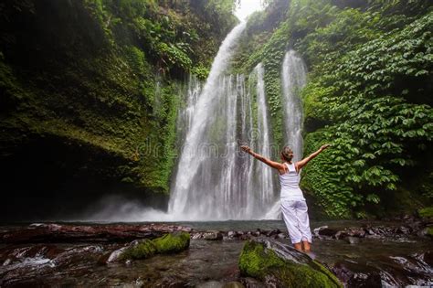 Woman Meditating Doing Yoga Between Waterfalls Stock Image Image Of