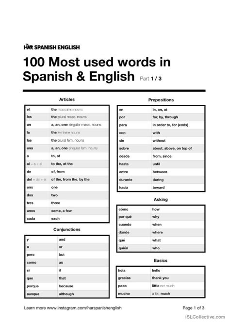 Most common Spanish Words compr Deutsch DAF Arbeitsblätter pdf doc