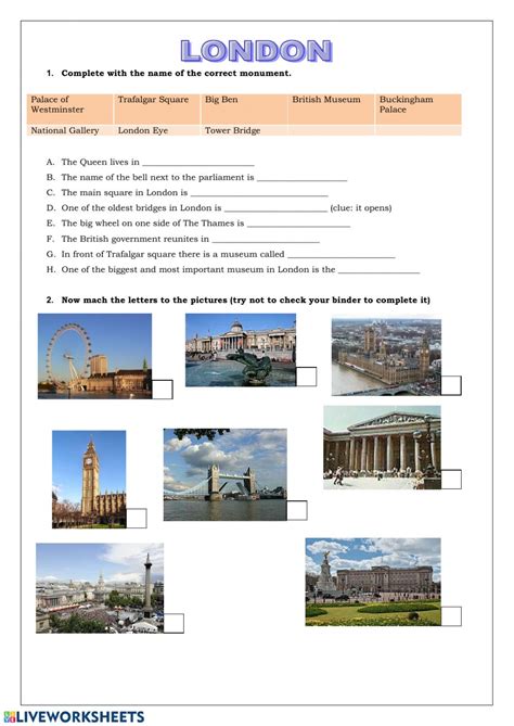 It can be used to teach the geographical situation of the states and vocabulary related to their national identity. QUIZ London Landmarks worksheet