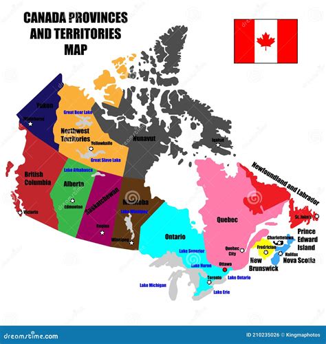 Full Canada Vector Map Of Provinces Territories And Capitals In Bright Colors Stock Vector