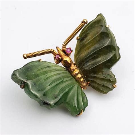 Lot Unusual 14k Gold And Carved Jade Butterfly Pin