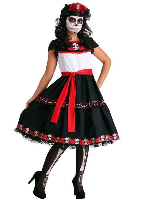Day Of The Dead Costume Girls Halloween Outfit Skeleton Fancy Dress