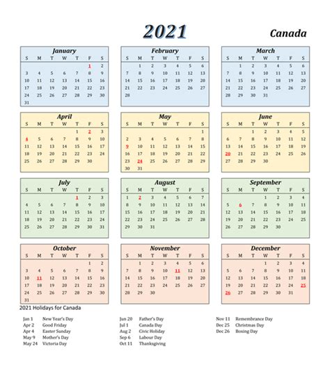 Free printable 2021 calendar with holidays, colorful. Free Printable Canada 2021 Calendar With Holidays [PDF ...