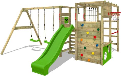 Fatmoose Wooden Climbing Frame Actionarena Xxl With Swing Set And Green