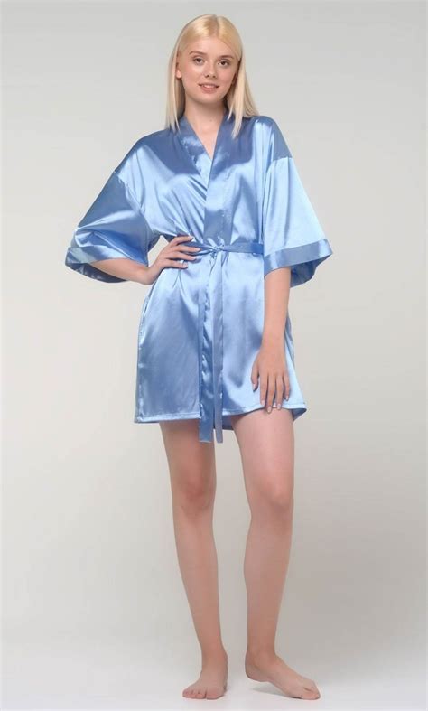 Sky Blue Silk Satin Kimono Short Robe