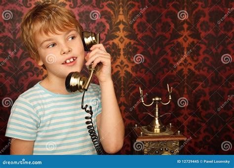 Portrait Of Boy Talking To An Old Phone Stock Image Image Of Laughing