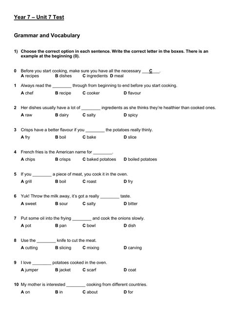 Study flashcards on unit 7 test at cram.com. Year 7 Unit 7 Test Grammar and Vocabulary worksheet
