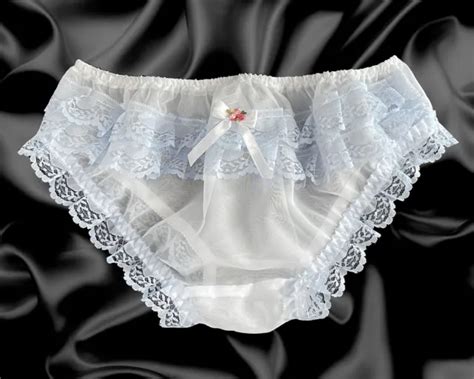 white blue frilly sissy sheer soft nylon satin bow panties knickers size 10 20 £16 99 picclick uk
