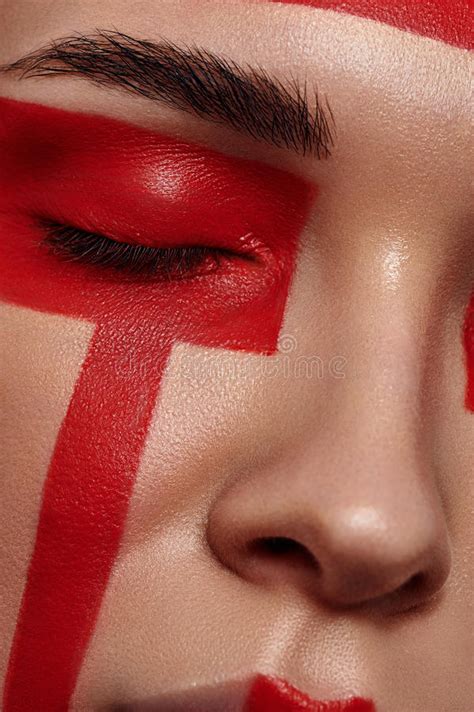 Beauty Model With Red Painted Geometry On Face Stock Image Image Of