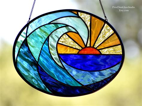 Stained Glass Ocean Wave Suncatcher Surf S Up At Dawn Etsy Stained Glass Suncatchers
