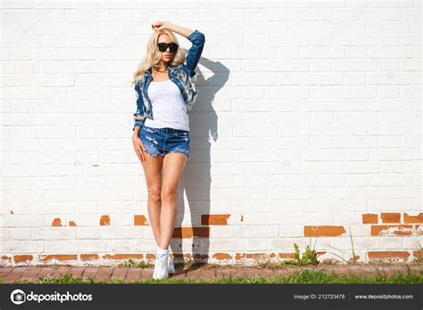 Beautiful Sexy Blonde Woman Dressed Denim Jacket Shorts Fashion Model Stock Photo By Arkusha