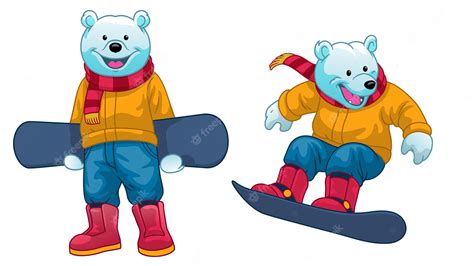 Premium Vector Set Of Cartoon Polar Bear Playing The Snowboard