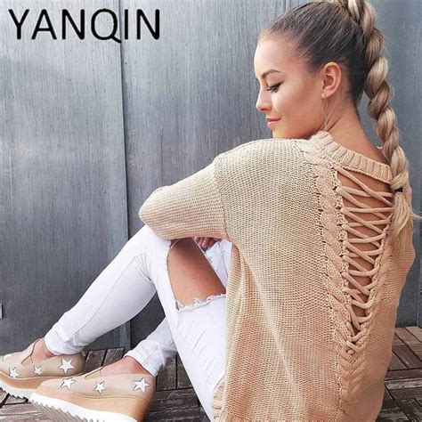 2018 Sexy Backless Knitting Pullover Casual Fashion Bandage Autumn Winter Sweater Women Tops