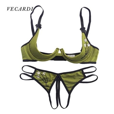 Vecardi Hot Sexy Lace Open Cup Bra Sets Ladies Sexy Green Embroidered