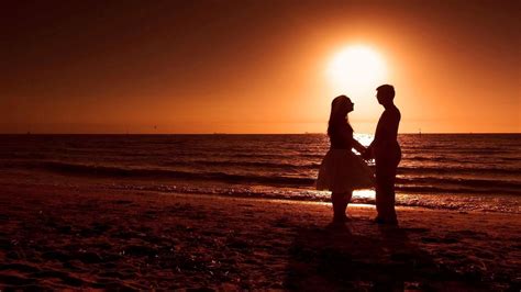 Romantic Couple On Beach During Sunset Hd Desktop Wallpaper Widescreen High Definition