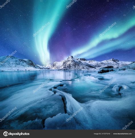 Aurora Borealis Lofoten Islands Norway Nothen Light Mountains Frozen