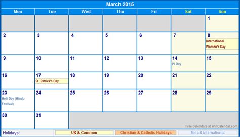 March 2015 Uk Calendar With Holidays For Printing Image Format