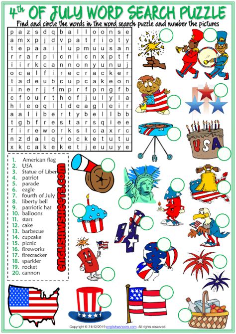 4th Of July Esl Word Search Puzzle Worksheet