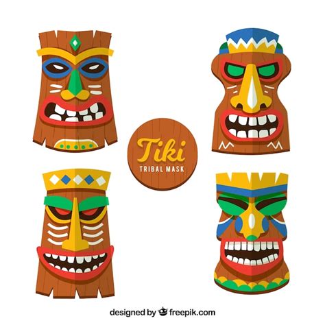 Free Vector Flat Set Of Colorful Tiki Masks