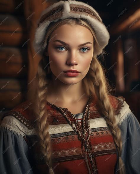 premium ai image beautiful scandinavian woman in traditional outfit inside a wooden cabin