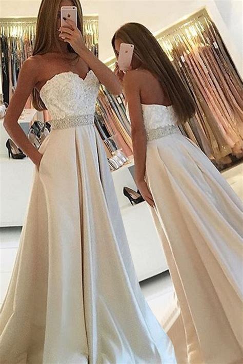 Simple Sweetheart Sleeveless Floor Length Pockets Ivory Prom Dress With Lace Beading On Luulla