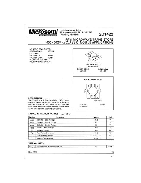 Sd1422 Datasheet16 Pages Microsemi Rf And Microwave Transistors 450 512 Mhz Class C Mobile