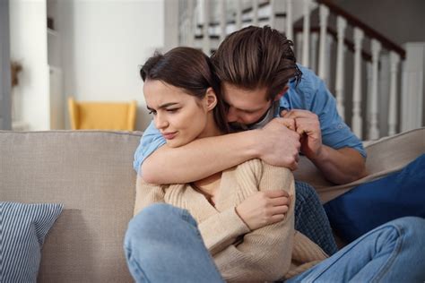 Premium Photo Wait Worried Young Man Is Consoling His Girlfriend While Touching Her Arm