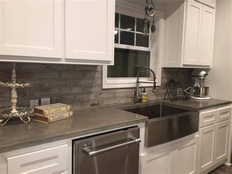 A classic kitchen might feature dark grey cabinets and white granite counters. Concrete countertops white cabinets stainless steel sink ...