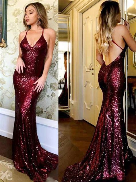 Mermaid Spaghetti Straps Sweep Train Dark Red Sequined Prom Dress Burgundy Prom Dress