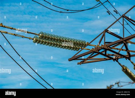 Close Up Of Insulators On The Wires Of A Tower Of A High Voltage Power