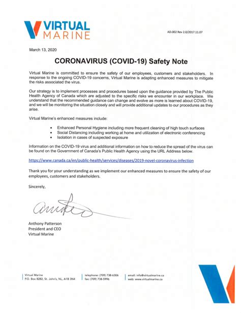 Covid 19 Coronavirus Safety Note — Virtual Marine