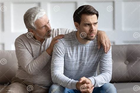 Caring Old Father Comfort Support Unhappy Adult Son Stock Photo Image