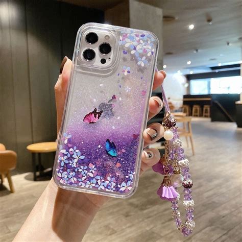 Liquid Glitter Iphone Case Purple Butterfly Phone Case Lanyard Etsy