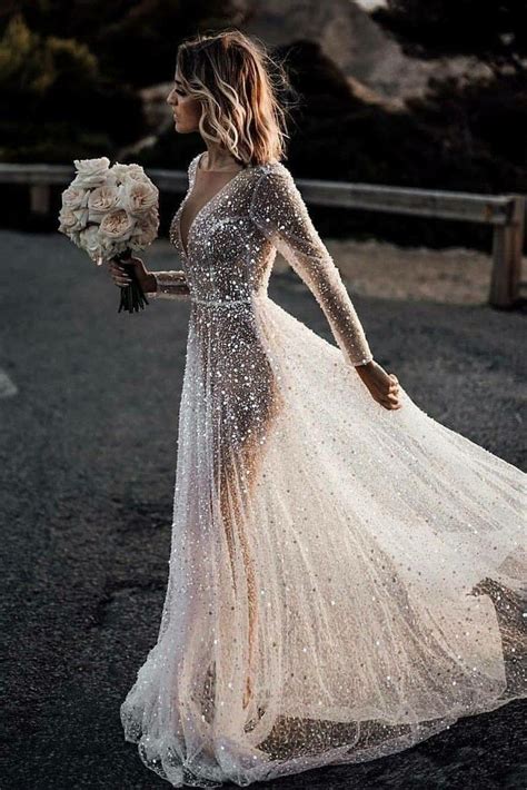 Luxury Rhinestones Wedding Dress with Illusion Long Sleeves | Wedding