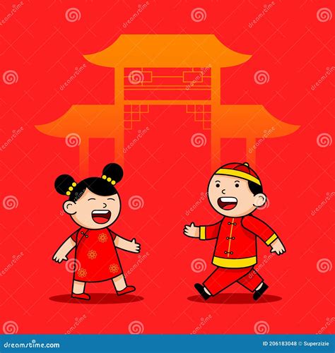 Happy Walk Chinese Boy And Girl Cartoon Character Vector Illustration